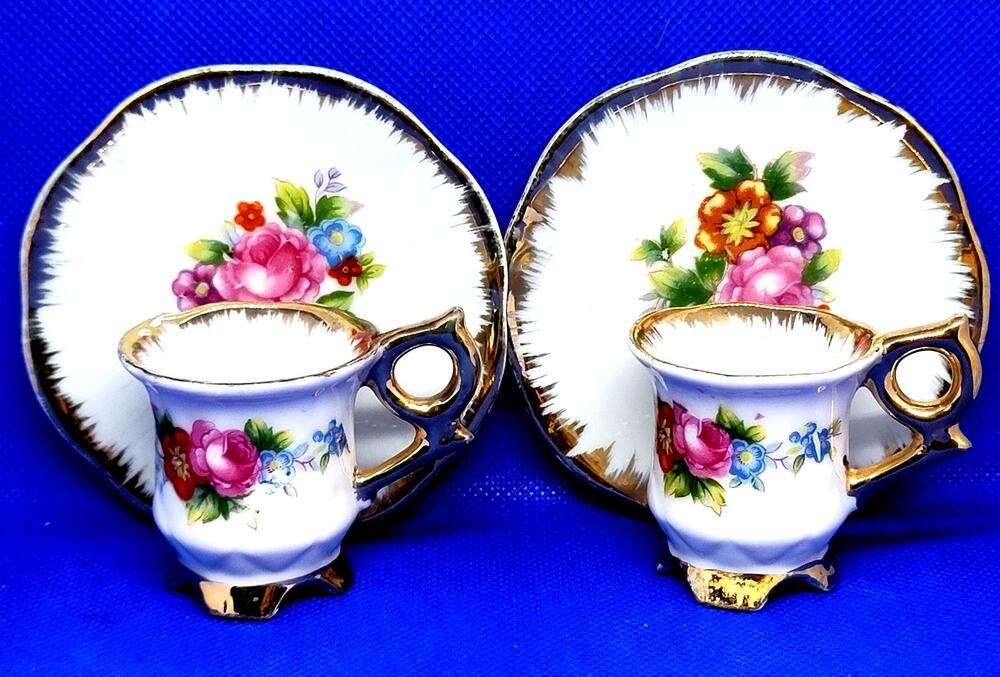 VNTG Japan Mini Porcelain Tea Cup Saucer Gold Trim Footed Base Vibrant Florals